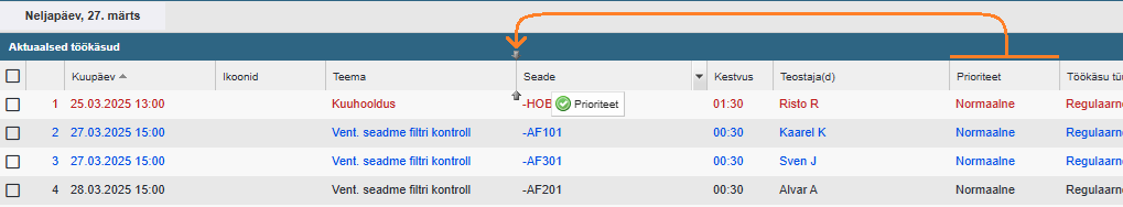 tulba liigutmaine tabeli vaates