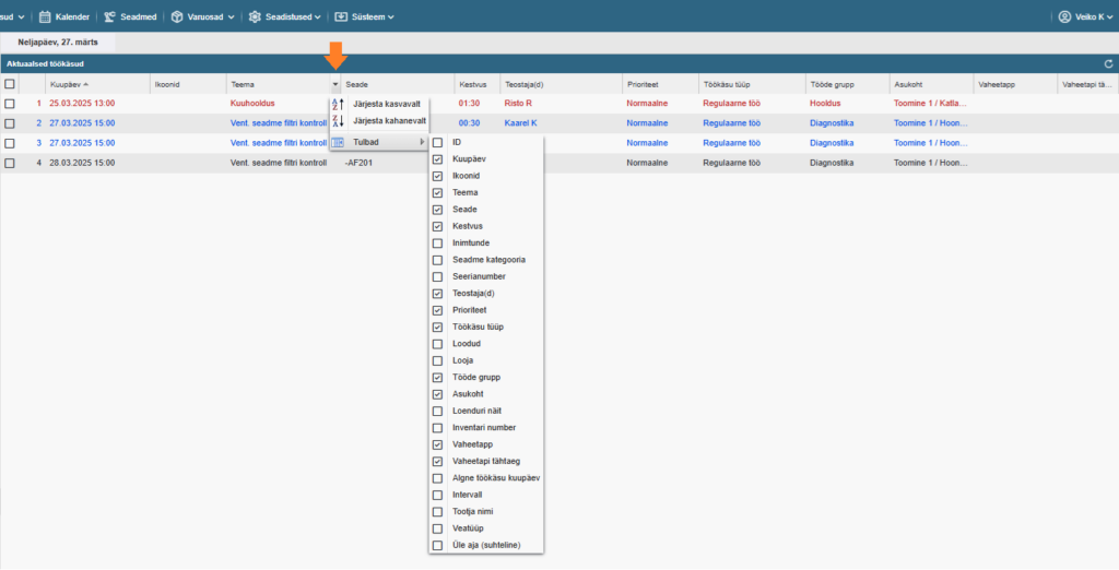 tulpade aktiveerimine tabelvaadetes