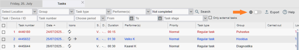activation of filters memory buttons