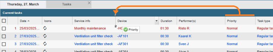 moving of column in list view